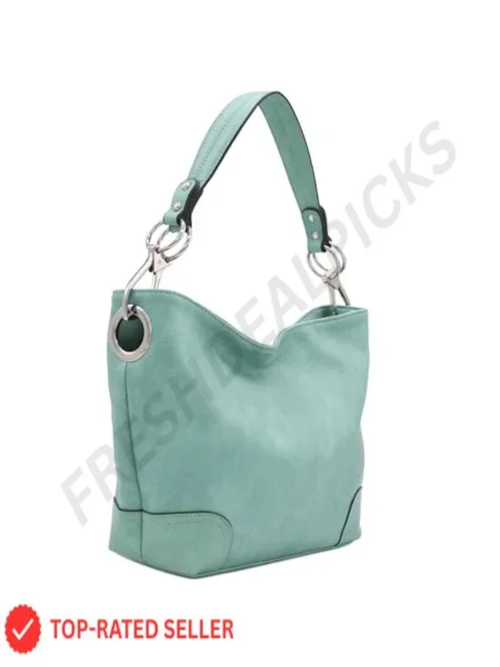 Hobo Shoulder Bag with Big Snap Hook Hardware, Faux Leather, Silver Tone