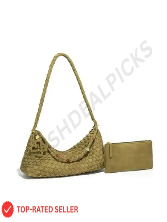 Woven Suede Hobo Bag Shoulder Tote Handmade Beaded Purse