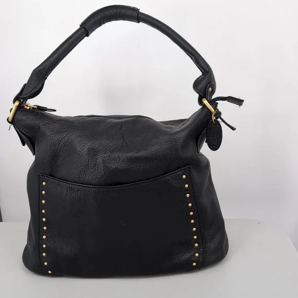 Rolfs Black Cowhide Leather Studded Hobo Shoulder Bag Gold Hardware