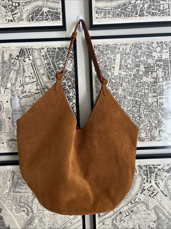 Suede Hobo Shoulder Bag in Chestnut Brown Made in Italy