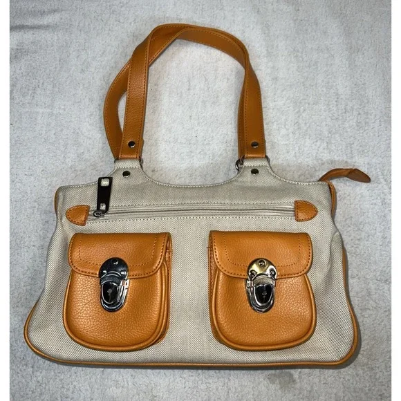 Zipper Hobo Bag Purse‎ Pocketbook Linen Leather Orange Tan Pockets