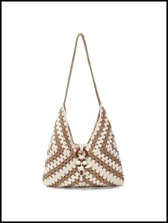 Handmade Crochet Bohemian Beach Shoulder Bag for Women, Woven Tote with Wooden
