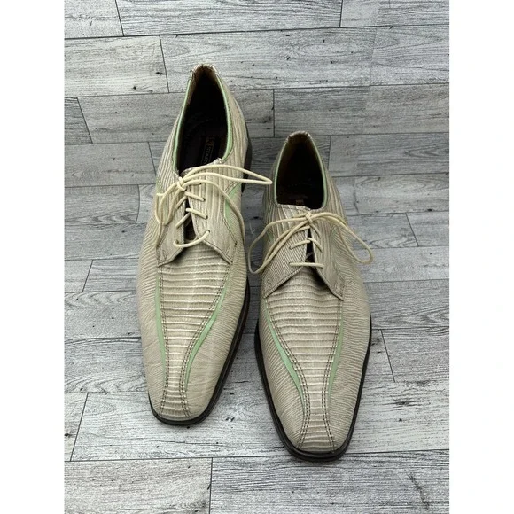 Stacy Adams Mens Lizard Print Leather Dress Shoes Tan Green Trim Lace Up Size 9M