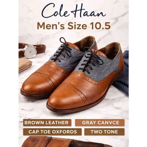 Cole Haan Men’s 10.5 Brown Leather Gray Canvas Cap Toe Oxford Shoes