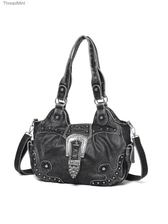 Women's Vegan Leather Hobo Handbag with Metal Studs, Adjustable Crossbody Strap