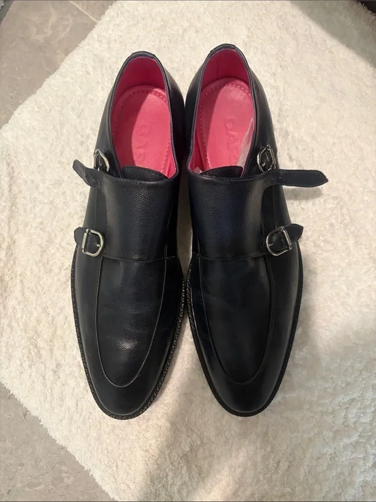 Black Double Monk Strap Leather Shoes with Pink Insole