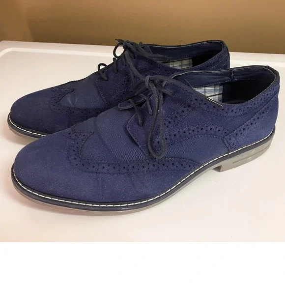 IZOD‎ Craig Mens 11.5 M Navy Blue Canvas Suede Wingtip Oxford Dress Shoes