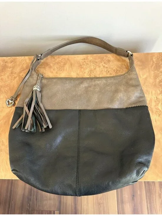 Brighton Barbados Leather Hobo Bag Colorblock Black Taupe Tassel Shoulder