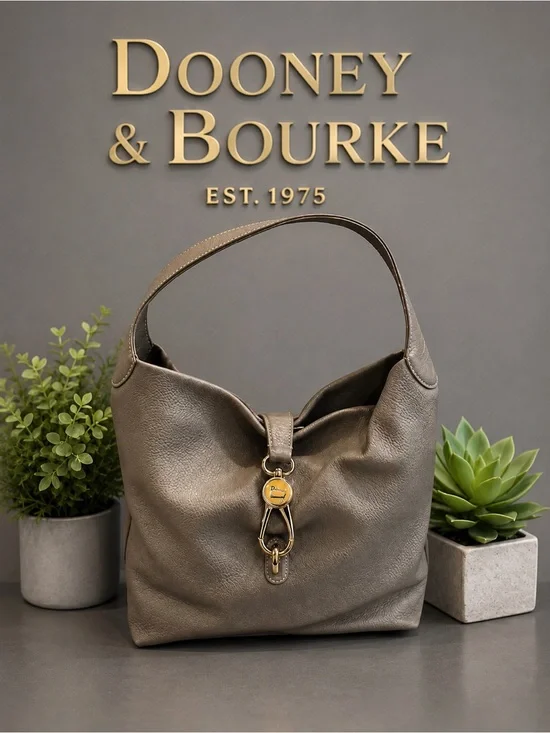 • Dooney & Bourke Logo  Lock Sac Hobo Bag Elephant Gray Pebbled Leather EUC