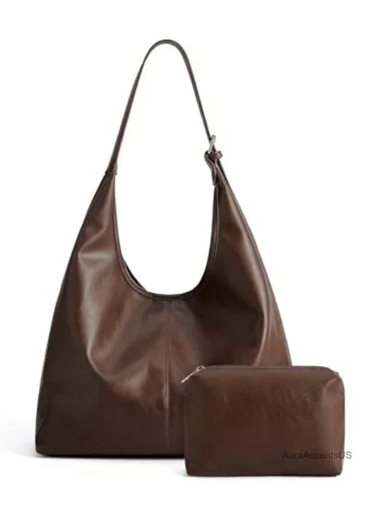 Vegan Leather Hobo Bag with Pouch, Slouchy Shoulder Crossbody Purse, Adjustable