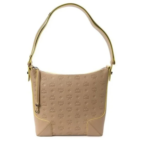 Authentic MCM Klara Monogram Embossed Leather Hobo Shoulder Bag‎ Beige Yellow