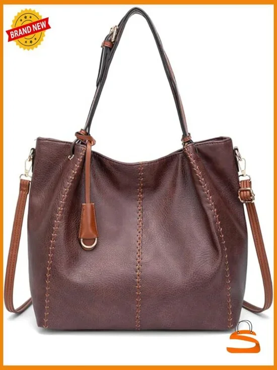 Vintage Hobo Shoulder Bag Faux Leather Bucket Tote Purse with Rivet Detail