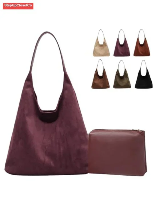 Faux Suede Slouchy Hobo Tote Bag for Women Retro Shoulder Handbag