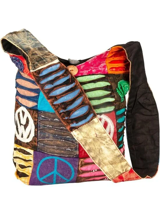 Colorful Boho Sling Shoulder Bag for Women - Slouchy Hippie Style (Peace)