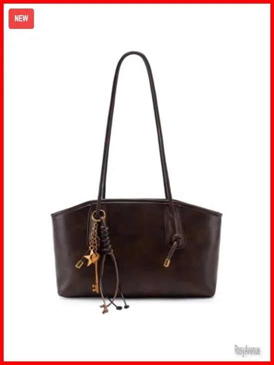 Vintage Faux Leather Hobo Handbag with Key Pendant - Spacious Shoulder Bag