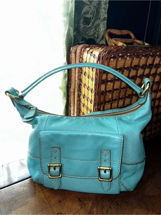 Vintage Fossil Teal Blue Pebbled Leather Shoulder Hobo Bag