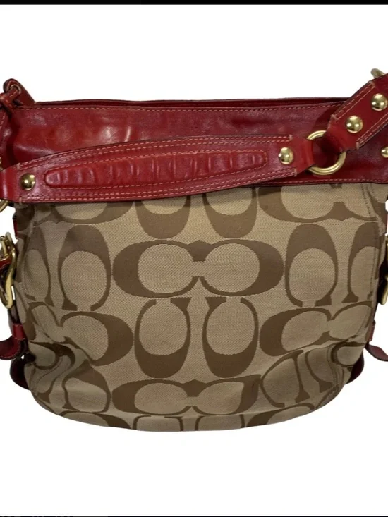 Coach Signature Canvas Hobo with Red Leather Trim