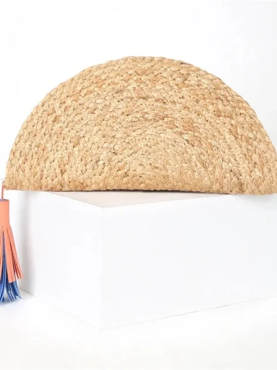 Lulus Lines in the Sand Beige Woven Tassel Half Moon Clutch