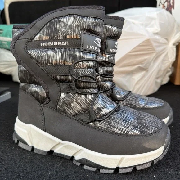Hobibear Snow Boots Black/Gray Design‎ Faux Fur Lined US Side 8.5 M