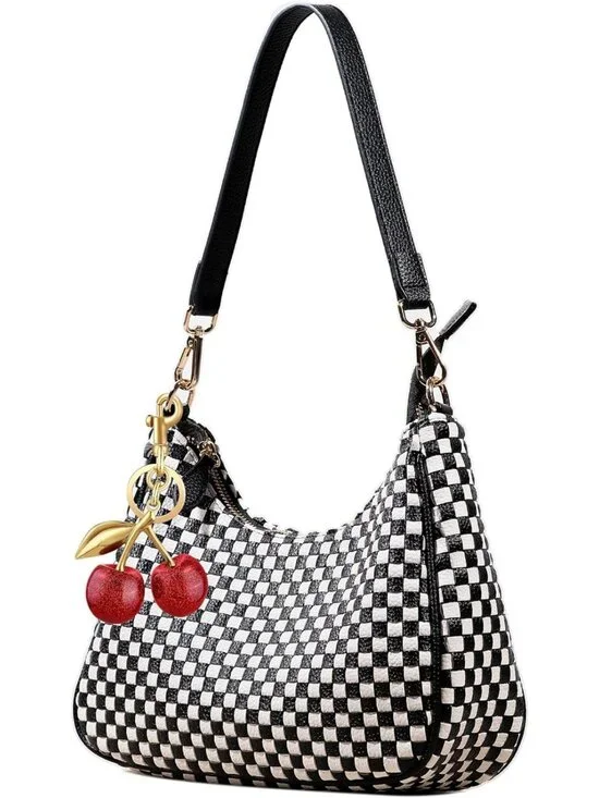 Chic Black Vegan Leather Woven Shoulder Bag, Slouchy Hobo Crossbody Tote