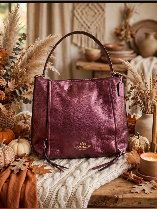 ⭐️ Coach Elle Hobo Metallic Cherry Burgundy Wine Leather Bag F87825 🍁 🍂 🍃