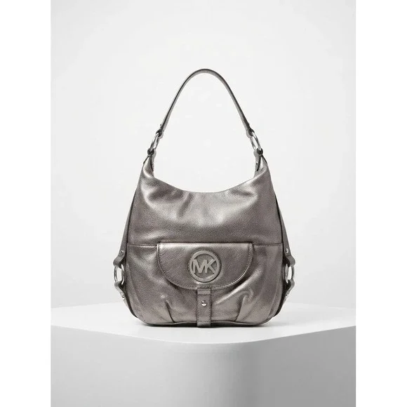 Michael Kors Y2K Women Hobo Bag Medium Silver Leather Fulton MK Medallion
