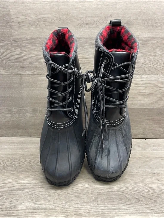 Mens Black Winter Duck Boots with Red Plaid Lining #2005