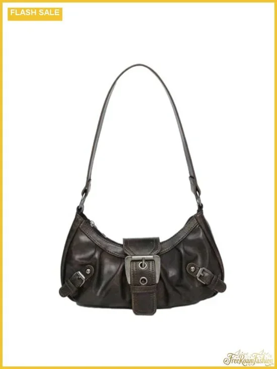 Y2K Faux Leather Hobo Shoulder Bag with Metal Buckles