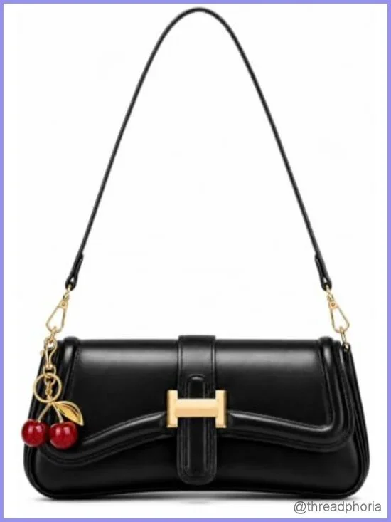 Small Faux Leather Hobo Handbag with 2 Straps and Cherry Charm Crossbody