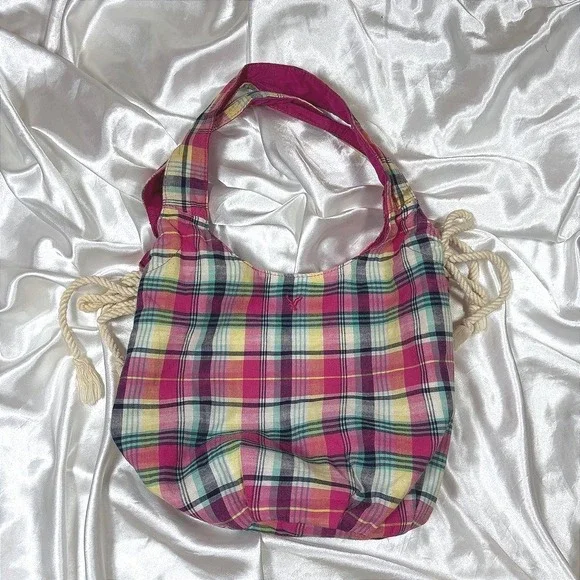 y2k Hobo Bag Pink Excellent American Eagle Plaid Rope Drawstring Canvas Tote