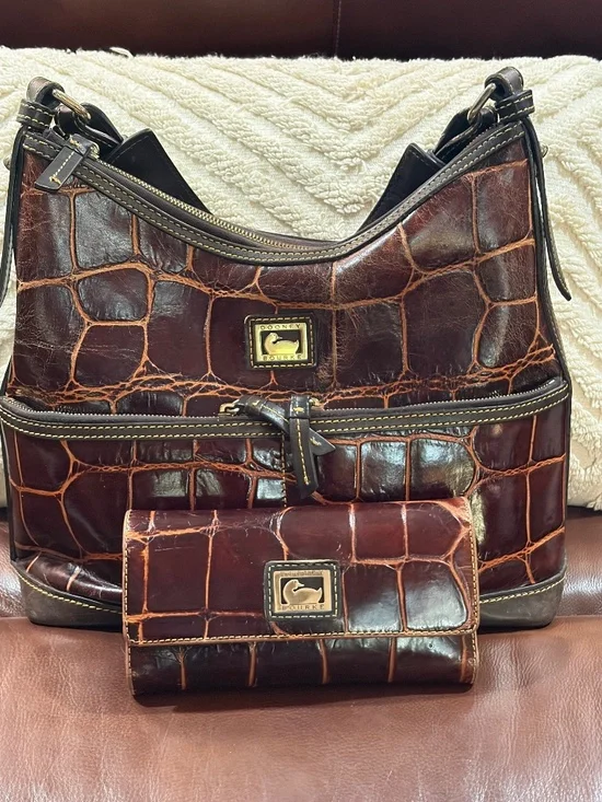Dooney & Bourke: Handbag and Wallet: Cognac, Croc Embossed Leather Hobo Handbag