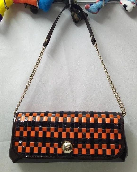 Kate Spade New York Orange Brown Patent Leather Chain Strap Hobo Shoulder Bag