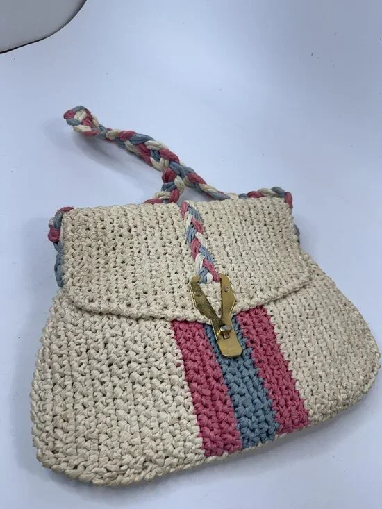 Vintage Handwoven Straw Purse With Colorful Braided Strap & Brass Clasp Closure