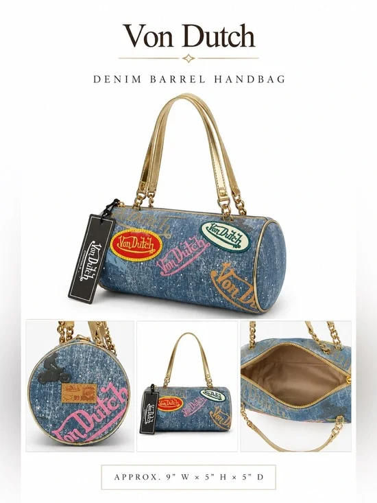 Von Dutch Blue Denim Barrel Bag with Gold Handles and Colorful Patches