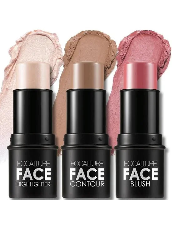 3 Pcs Cream Contour Sticks Set - Highlighter, Bronzer & Blush, Long-Wear Makeup