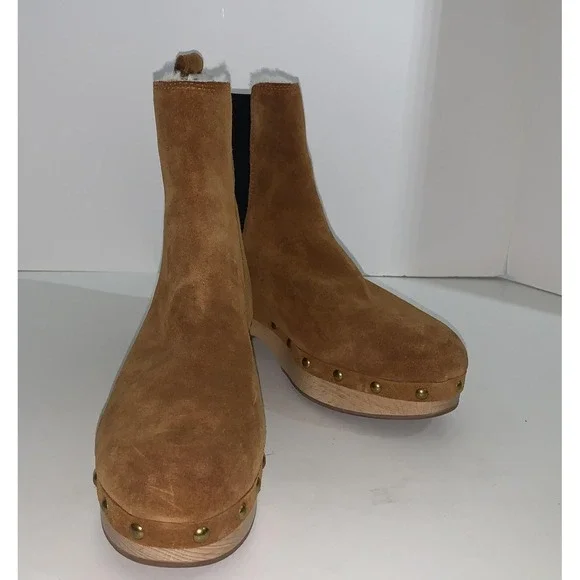 J Crew Ankle Boots Womens Size 9.5 Brown Suede Faux Fur Lined Chelsea Clog BD336