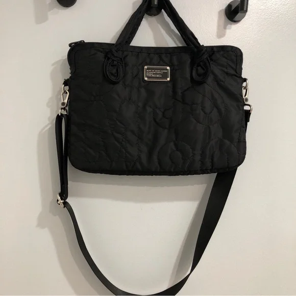 Marc By Marc Jacobs Black Quilted Logo Nylon Laptop Bag Crossbody Messenger