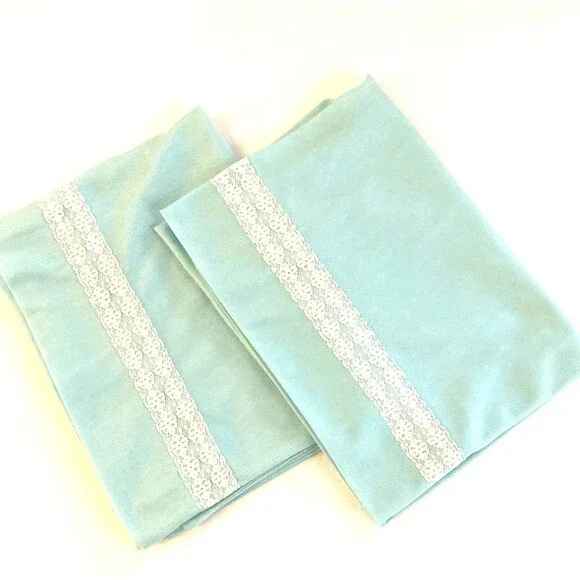 VTG Silky Polyester Lace Trim Pillowcases Set Of 2 Aqua Glam Style Handmade