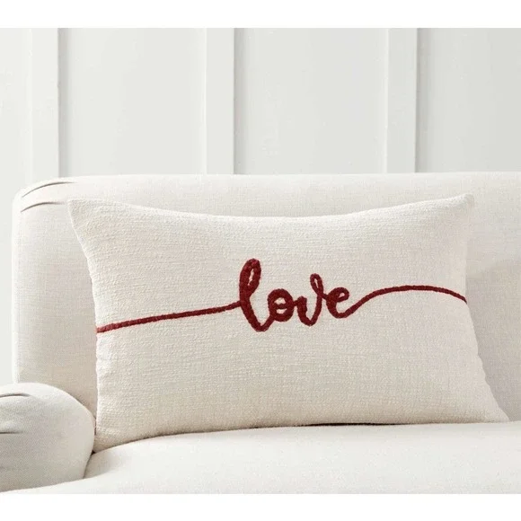 Pottery Barn Sentimental Love Embroidered Pillow Cover Red 16x26 New With Tag