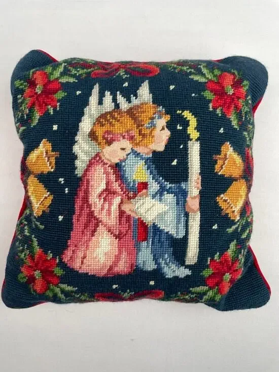 Vintage Christmas Needlepoint Pillow Angels Candle Bells Red Velvet 14