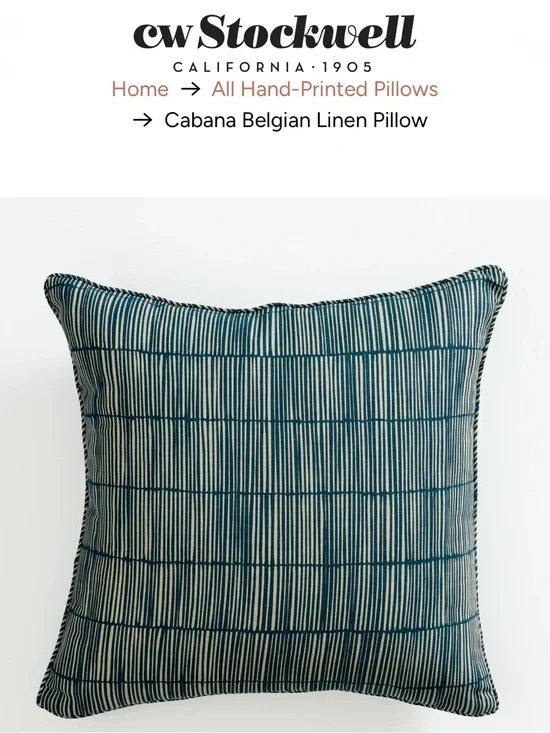 NWT CW Stockwell Cabana Belgian Linen Pillow in Marine Stripe