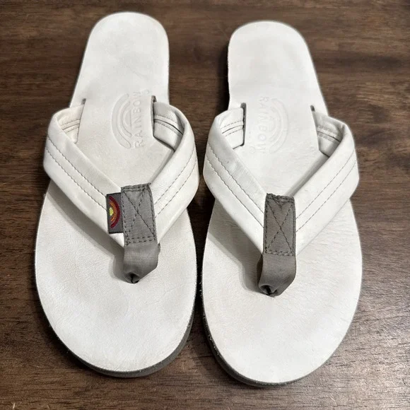 Rainbow Sandals Leather Flip Flops White Mens Size 8.5 - 9.5 Medium Double Layer