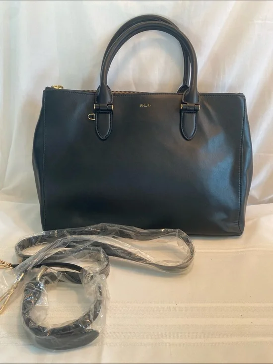 Lauren Ralph Lauren Newbury Black Double Zip Satchel Handbag with Top Handles
