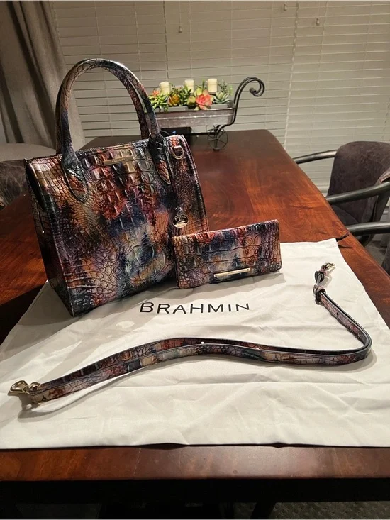 Brahmin Multicolor Croc-Embossed Satchel with Matching Wallet