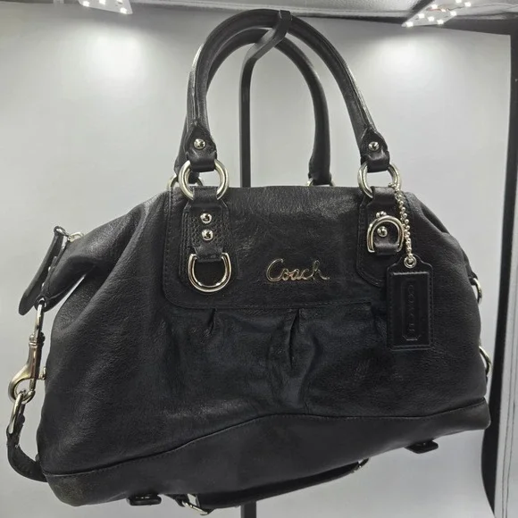 Coach Ashley Purse F15445 Black Leather Double Handle Convert. Satchel Bag Satin