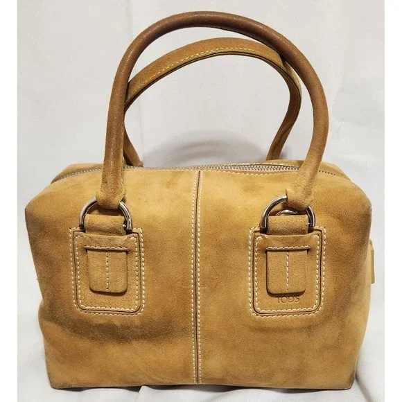 Tods Tan Suede Satchel Bag White Topstitch Silver Hardware Made in Italy