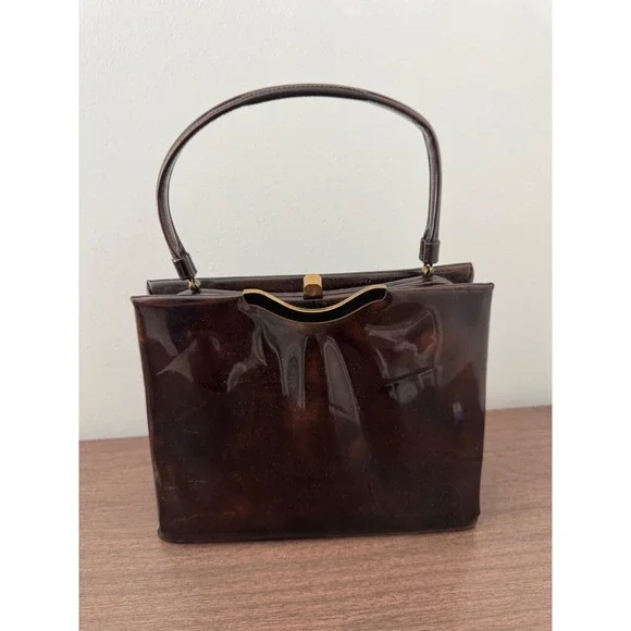 Vintage Lewis Tortoise Shell Patent Leather Handbag 1950s 60s Top Handle Bag