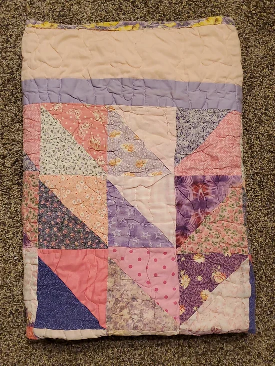 Vintage Handmade Patchwork Baby Quilt in Pinks and Purples
