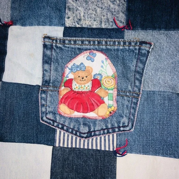 VTG Rag Denim Jean Baby Quilt Blanket 2 Sided Bears Flower Upcycled Handmade
