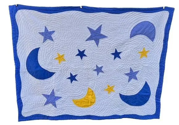 Handmade Bright Celestial Quilt Wholecloth Applique 81”x63” Twin Moon & Stars